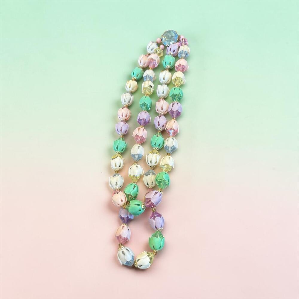 Vintage West Germany Pastel Tulip Flower Bead Necklace Lucite Two Strand